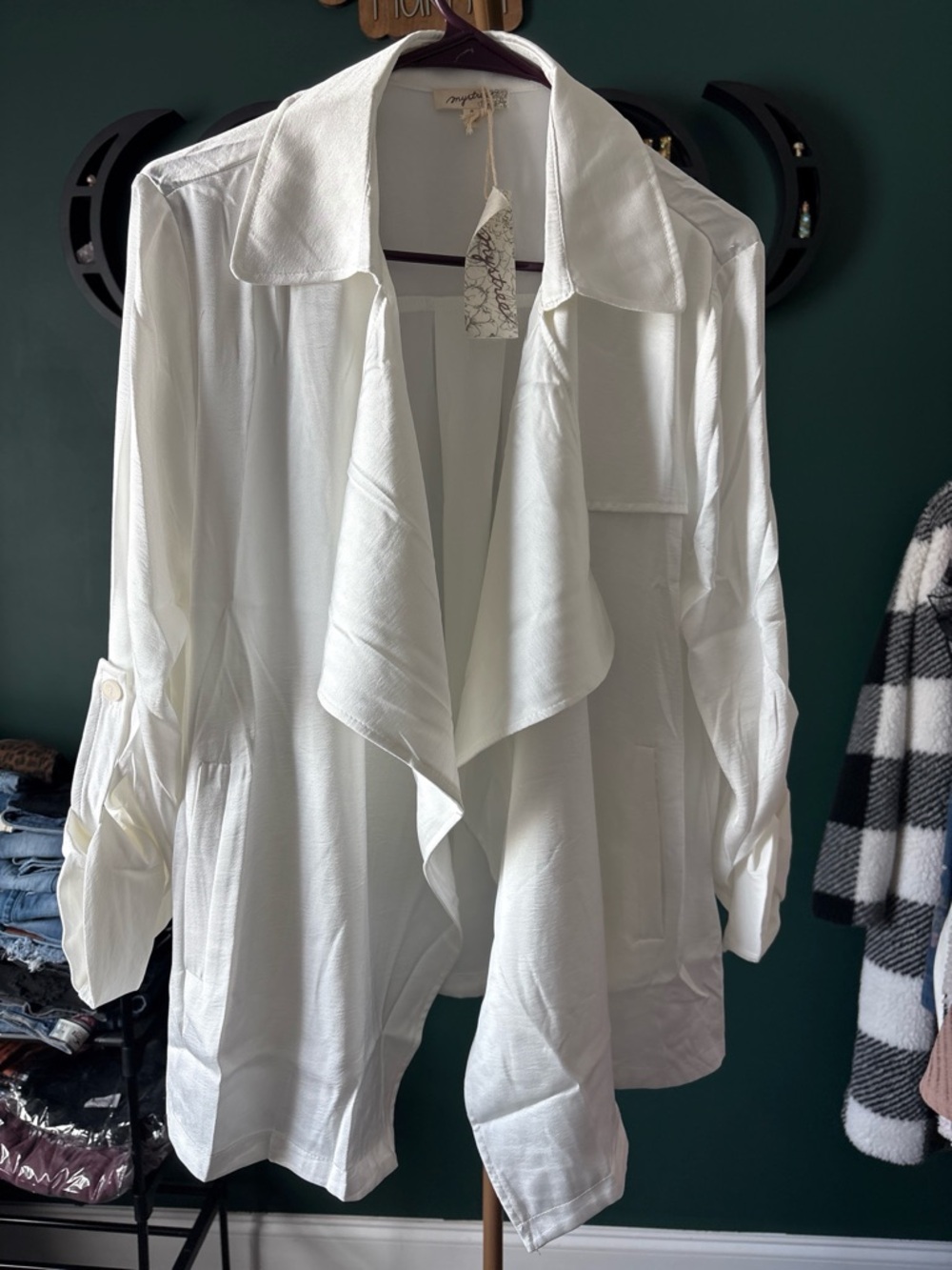 Mystree White Open-Front Draped Blazer